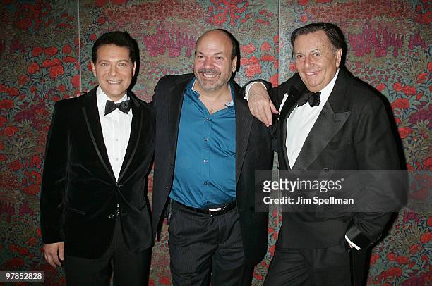 Michael Feinstein, Director Casey Nicholaw and Actor Barry Humphries attend the opening night party for "All About Me" on Broadway at Brasserie 8 1/2...
