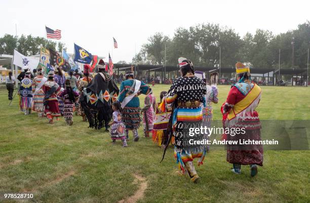 Dancers compete at an annual powwow to honor veterans from the Sioux Lakota tribe on June 8, 2018 on the Pine Ridge reservation in South Dakota.