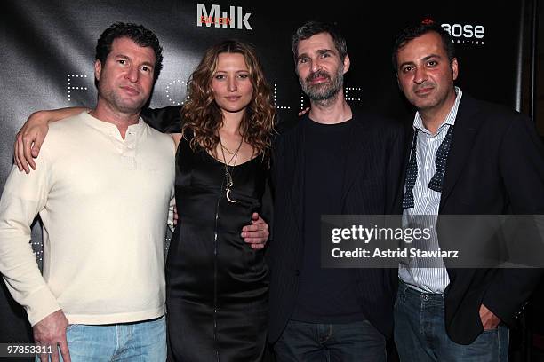 Partner of Milk Studios Erez Shternlicht, model Noot Seear and photographer John Gettings and Founder and creative director of Milk Studios Mazdack...