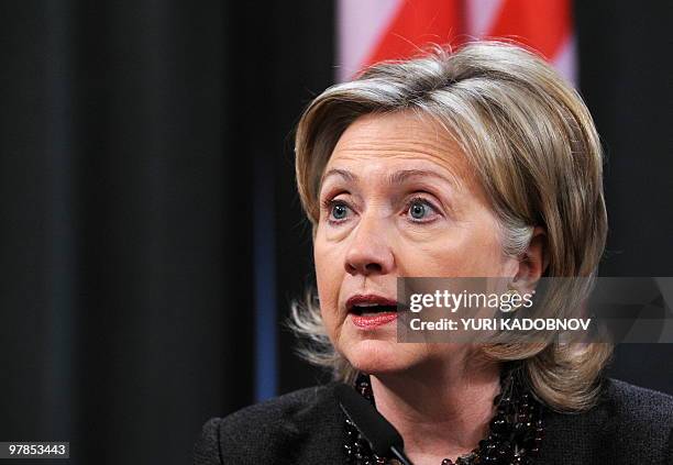 Secretary of State Hillary Clinton, speaks during a press conference after Middle East Quartet talks in Moscow on March 19, 2010. The International...