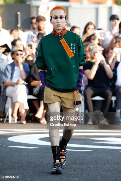 Model walks the runway at the Palm Angels show during Milan Men's Fashion Week Spring/Summer 2019 on June 17, 2018 in Milan, Italy.