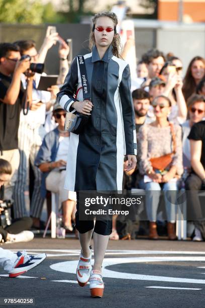 Model walks the runway at the Palm Angels show during Milan Men's Fashion Week Spring/Summer 2019 on June 17, 2018 in Milan, Italy.