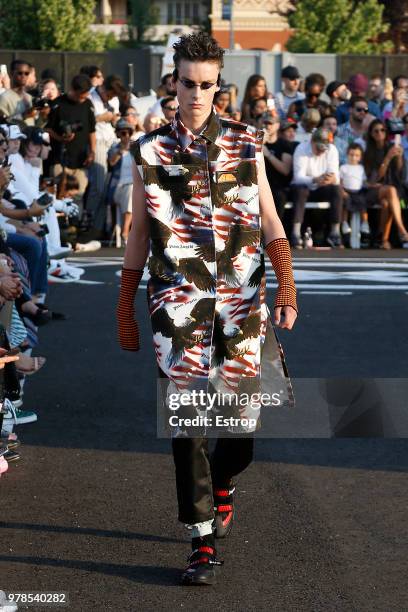 Model walks the runway at the Palm Angels show during Milan Men's Fashion Week Spring/Summer 2019 on June 17, 2018 in Milan, Italy.