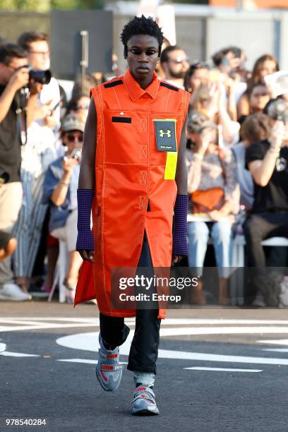 Model walks the runway at the Palm Angels show during Milan Men's Fashion Week Spring/Summer 2019 on June 17, 2018 in Milan, Italy.