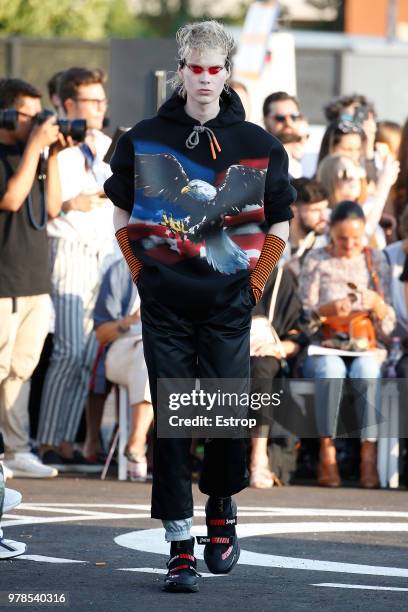 Model walks the runway at the Palm Angels show during Milan Men's Fashion Week Spring/Summer 2019 on June 17, 2018 in Milan, Italy.