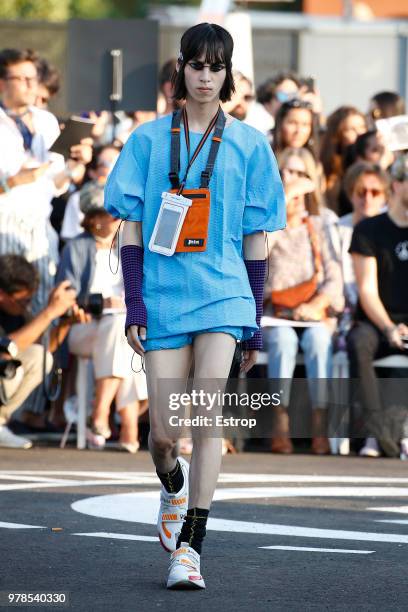 Model walks the runway at the Palm Angels show during Milan Men's Fashion Week Spring/Summer 2019 on June 17, 2018 in Milan, Italy.