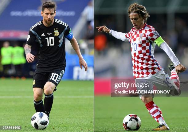 This combination of pictures created on June 19, 2018 shows Argentina's forward Lionel Messi in Moscow on June 16, 2018 and Croatia's midfielder Luka...