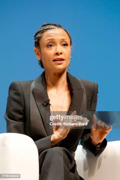 Thandie Newton onstage during the HP and Omnicom Group session at the Cannes Lions Festival 2018 on June 19, 2018 in Cannes, France.