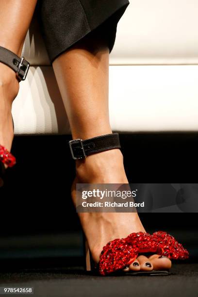 Thandie Newton, shoe detail, onstage during the HP and Omnicom Group session at the Cannes Lions Festival 2018 on June 19, 2018 in Cannes, France.