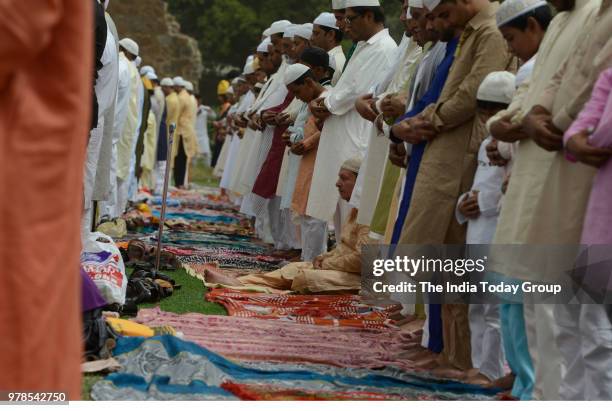 View of Muslims during Eid al-Fitr prayers at the Feroz Shah Kotla Mosque in New Delhi.