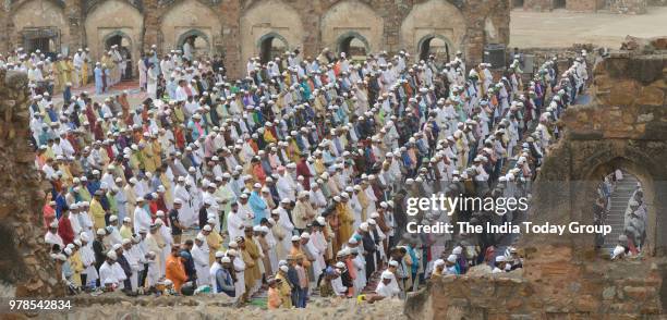 View of Muslims during Eid al-Fitr prayers at the Feroz Shah Kotla Mosque in New Delhi.