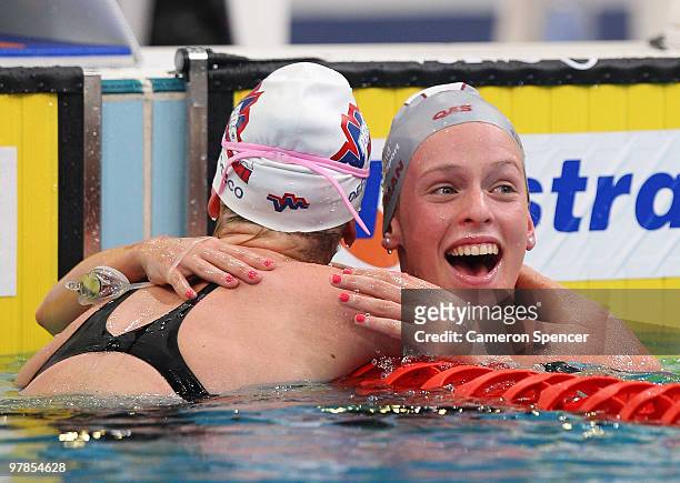 Katie Goldman of Queensland reacts after winning the women's 800m freestyle final during day four of the 2010 Australian Swimming Championships at...