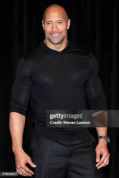 Actor Dwayne Johnson arrives at the CBS Films presentation to promote his upcoming movie 'Faster' at Paris Las Vegas during ShoWest, the official...