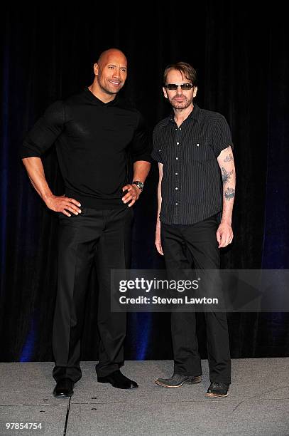 Actor Dwayne Johnson and actor Billy Bob Thornton arrive at the CBS Films presentation to promote their upcoming movie 'Faster' at Paris Las Vegas...