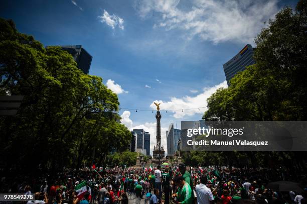 Mexicans celebrate at the Angel of Independence after the Mexico National Team victory over Germany in the 2018 FIFA World Cup Russia on June 17,...