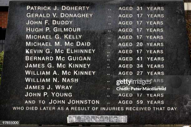 List of the victims is etched onto the Bloody Sunday Memorial on March 15, 2010 in Derry, Northern Ireland. The Bloody Sunday Inquiry chaired by Lord...