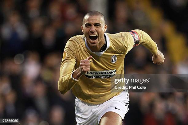 David Trezeguet of Juventus celebrates scoring the opening goal during the UEFA Europa League Round of 16 second leg match between Fulham and...