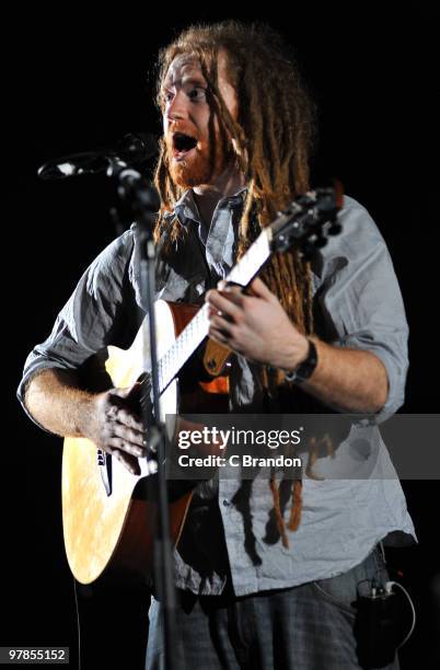 Newton Faulkner performs on stage at Hammersmith Apollo on March 17, 2010 in London, England.