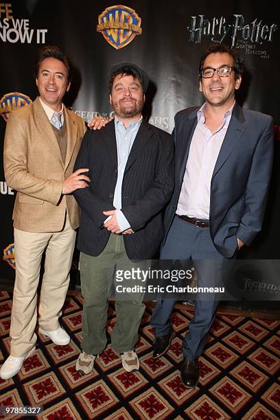 Robert Downey Jr., Zach Galifianakis and Director Todd Phillips at Warner Bros ShoWest Presentation at ShoWest Convention on March 18, 2010 at the...
