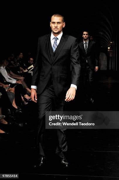 Reece Ulrich showcases designs by Dom Bagnato on the catwalk at the Myer Autumn Winter 2010 Collection Launch at Sidney Myer Music Bowl on March 15,...