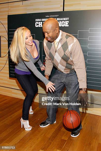 Personality Kendra Wilkinson and NBA analyst Kenny Smith attend the SoBe Lifewater Zero Inhibitions Brackets Challenge kick off at C and C Studio on...