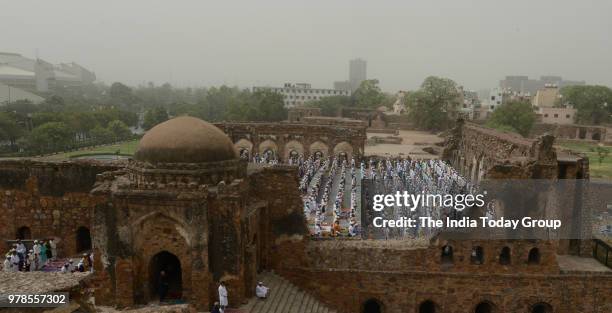 View of Muslims during Eid al-Fitr prayers at the Feroz Shah Kotla Mosque in New Delhi.