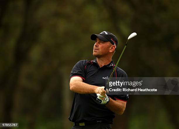 Thomas Bjorn of Denmark plays into the 10th green during the second round of the Hassan II Golf Trophy at Royal Golf Dar Es Salam on March 19, 2010...