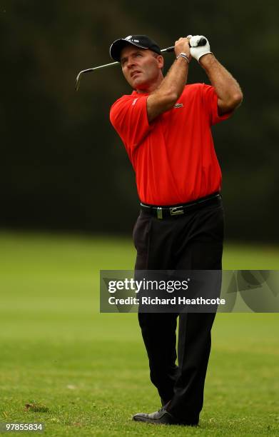 Thomas Levet of France plays into the 10th green during the second round of the Hassan II Golf Trophy at Royal Golf Dar Es Salam on March 19, 2010 in...