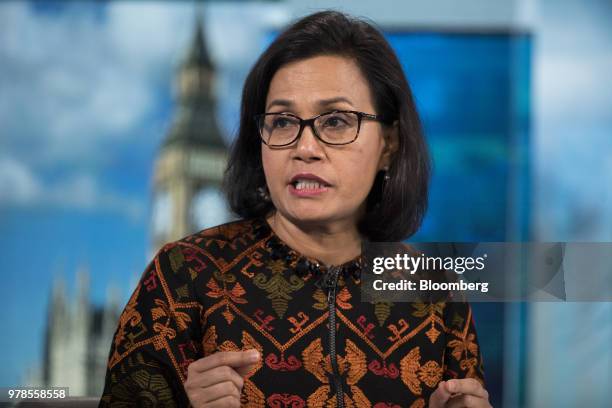 Sri Mulyani Indrawati, Indonesia's finance minister, gestures as she speaks during a Bloomberg Television interview in London, U.K., on Tuesday, June...