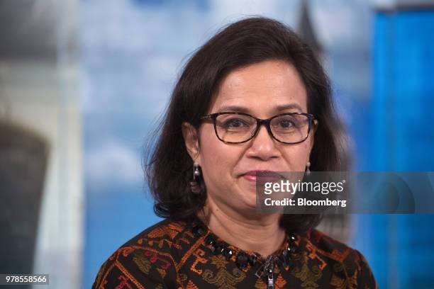 Sri Mulyani Indrawati, Indonesia's finance minister, pauses during a Bloomberg Television interview in London, U.K., on Tuesday, June 19, 2018....