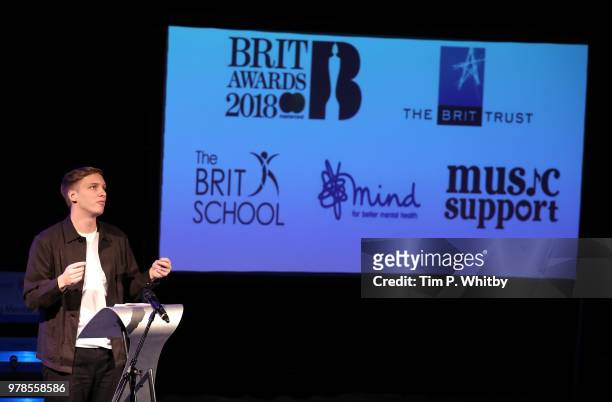 George Ezra addresses the audience prior to the presentation of a cheque for £250,000 from the Brit Awards to The Brit School, Mind and Music Support...