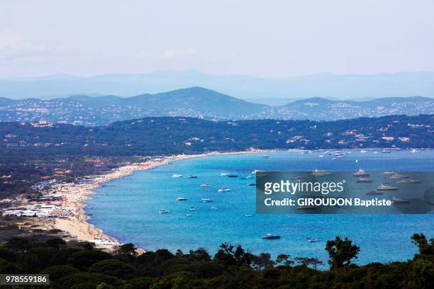 Panoramic view of the 4.5 km beach classified "espace naturel remarquable" is photographed for Paris Match on May 24, 2018 in Ramatuelle, France.