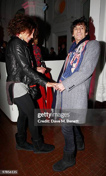 Ana Araujo and Ronnie Wood attend Shoebox Art Auction & Exhibition at he Haunch of Venison charity auction of unique works, with each contributing...
