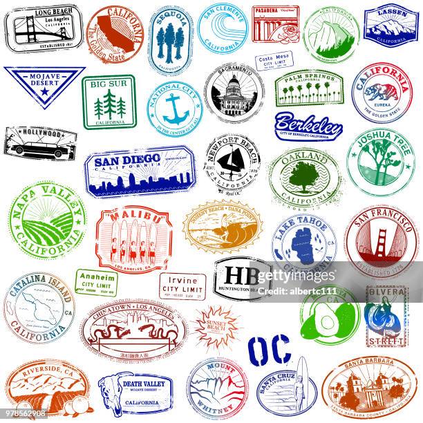 vintage california travel stamps - pasadena california stock illustrations