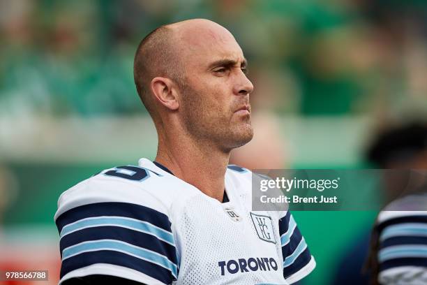 Ricky Ray of the Toronto Argonauts on the sideline during the game between the Toronto Argonauts and Saskatchewan Roughriders at Mosaic Stadium on...