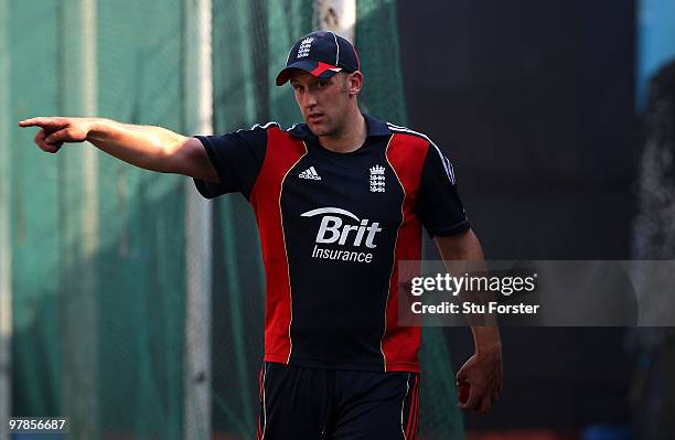 England player James Tredwell makes a point during England nets at Shere-e-Bangla National Stadium on March 19, 2010 in Dhaka, Bangladesh.