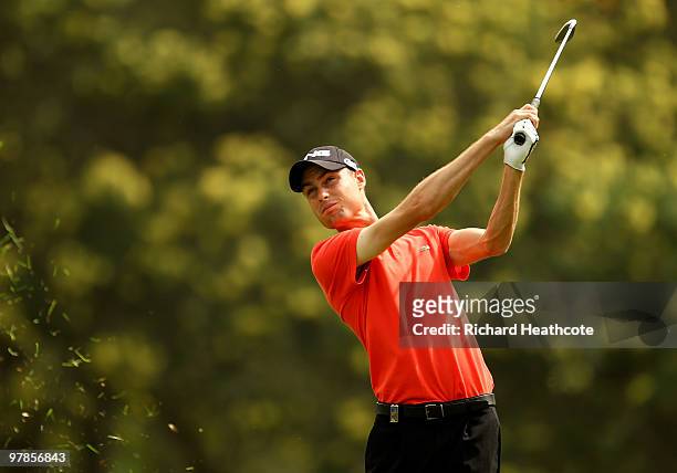 Rhys Davies of Wales plays into the 9th green during the second round of the Hassan II Golf Trophy at Royal Golf Dar Es Salam on March 19, 2010 in...