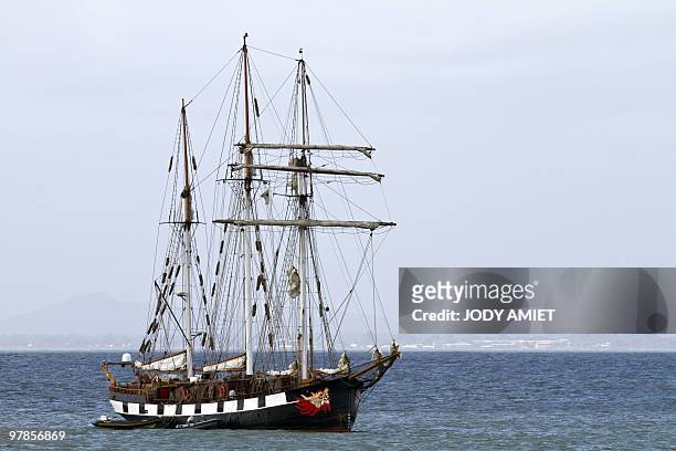 French schooner La Boudeuse sails off the coast of the Iles du Salut in French Guiana, about 10 miles from Kourou, on February 12, 2010. The three...