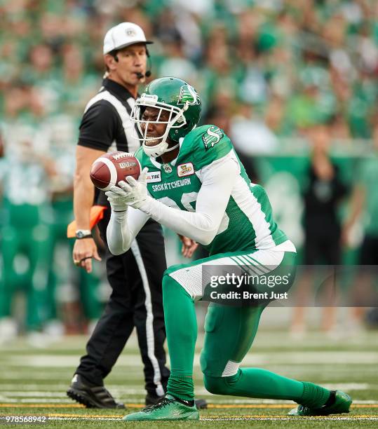 Duron Carter of the Saskatchewan Roughriders celebrates after a first down catch in the game between the Toronto Argonauts and Saskatchewan...