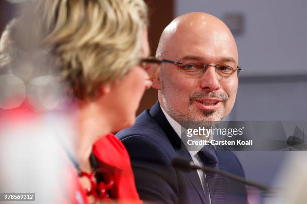 German Minister of the Environment Svenja Schulze and Secretary of State and President of COP24 Poland, Michal Kurtyka attend a press conference...