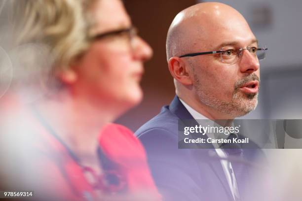 German Minister of the Environment Svenja Schulze and Secretary of State and President of COP24 Poland, Michal Kurtyka attend a press conference...