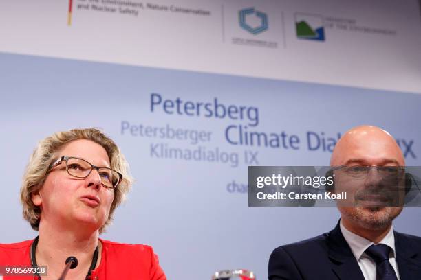 German Minister of the Environment Svenja Schulze and Secretary of State and President of COP24 Poland, Michal Kurtyka attend a press conference...