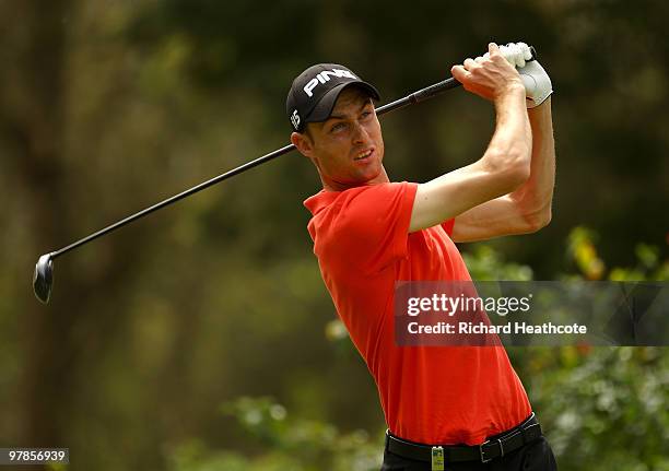 Rhys Davies of Wales hits a tee shot during the second round of the Hassan II Golf Trophy at Royal Golf Dar Es Salam on March 19, 2010 in Rabat,...