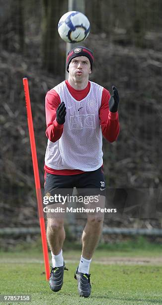 Michael Carrick of Manchester United in action during a First Team Training Session at Carrington Training Ground on March 19 in Manchester, England.