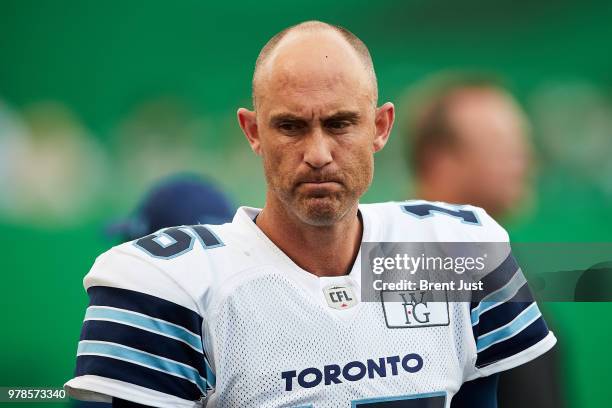 Ricky Ray of the Toronto Argonauts on the sideline during the game between the Toronto Argonauts and Saskatchewan Roughriders at Mosaic Stadium on...