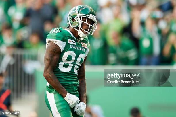 Caleb Holley of the Saskatchewan Roughriders celebrates after a long third down catch in the game between the Toronto Argonauts and Saskatchewan...