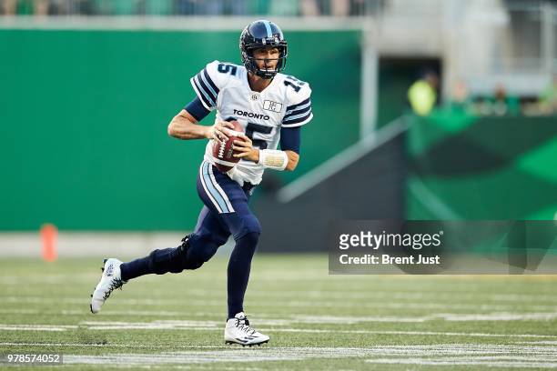 Ricky Ray of the Toronto Argonauts scrambles out of the pocket in the game between the Toronto Argonauts and Saskatchewan Roughriders at Mosaic...