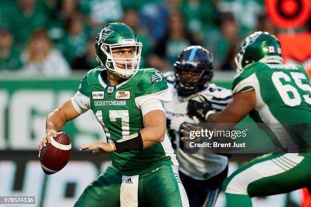 Zach Collaros of the Saskatchewan Roughriders prepares to throw a pass in the game between the Toronto Argonauts and Saskatchewan Roughriders at...