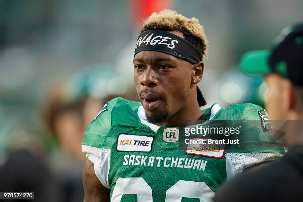Caleb Holley of the Saskatchewan Roughriders on the sideline during the game between the Toronto Argonauts and Saskatchewan Roughriders at Mosaic...