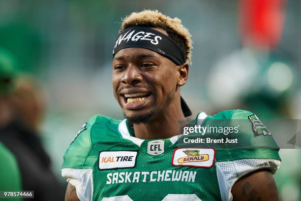 Caleb Holley of the Saskatchewan Roughriders on the sideline during the game between the Toronto Argonauts and Saskatchewan Roughriders at Mosaic...
